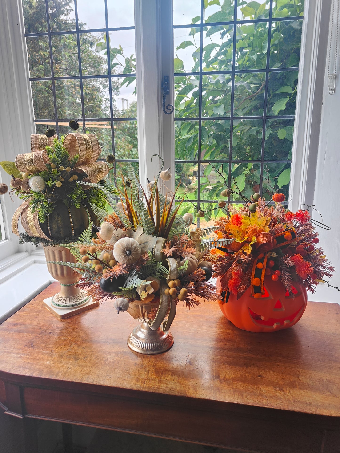 Autumn centrepiece tablecentre pumpkins artificial flower arrangement brown, cream, green