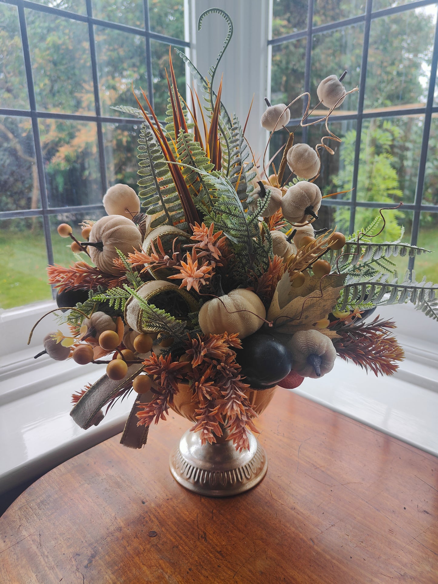 Autumn centrepiece tablecentre pumpkins artificial flower arrangement brown, cream, green