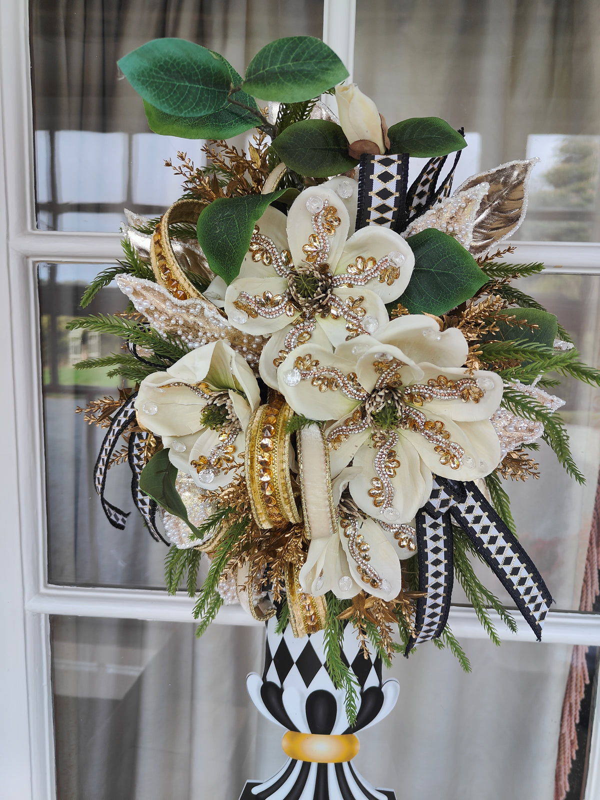 Mackenzie Childs inspired vase wall hanger swag cream magnolias
