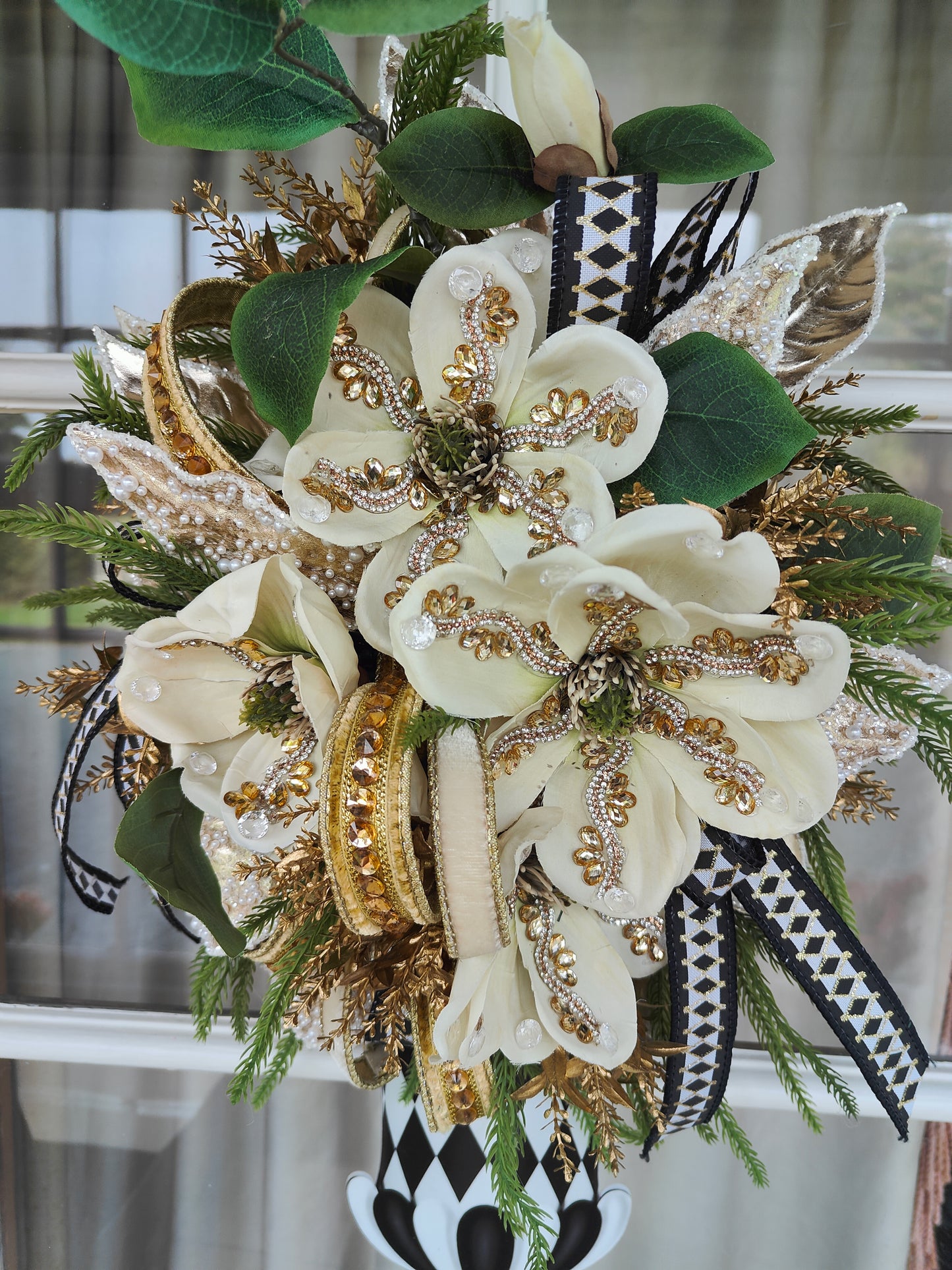 Mackenzie Childs inspired vase wall hanger swag cream magnolias