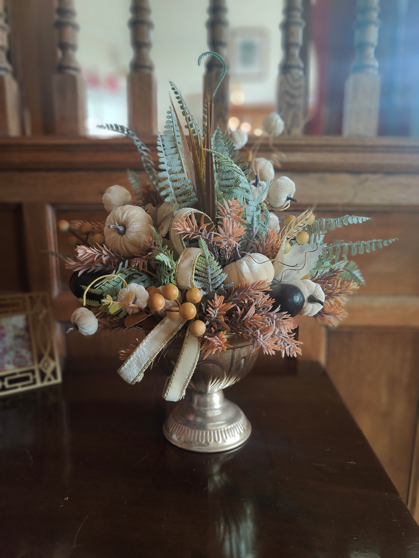 Autumn centrepiece tablecentre pumpkins artificial flower arrangement brown, cream, green