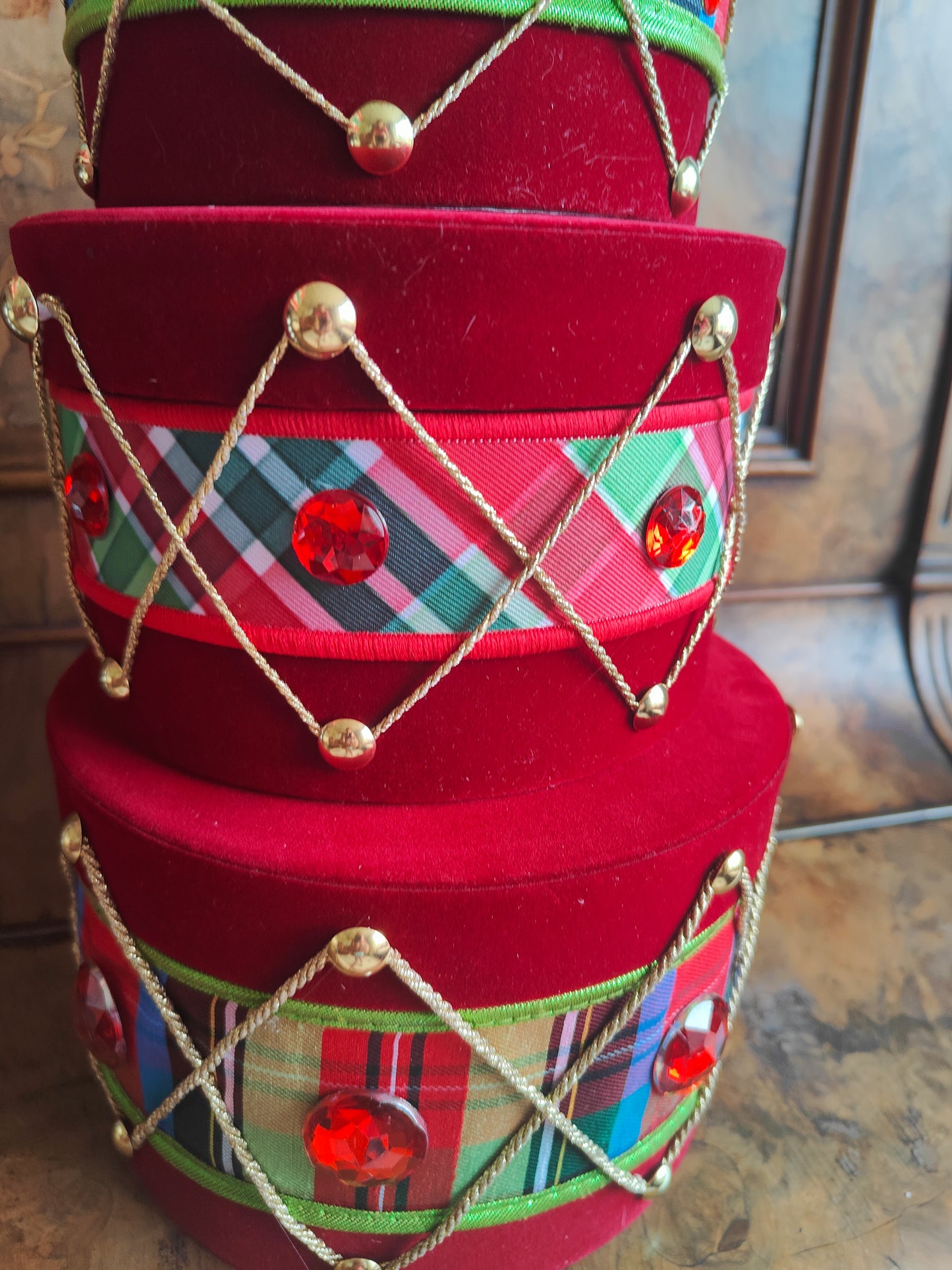 Drum set decorated Christmas drums nutcracker plaid tartan Christmas tree decorations