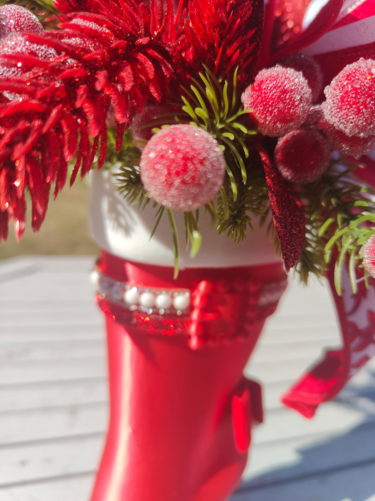 Mrs Claus boot decorated small boot red and white