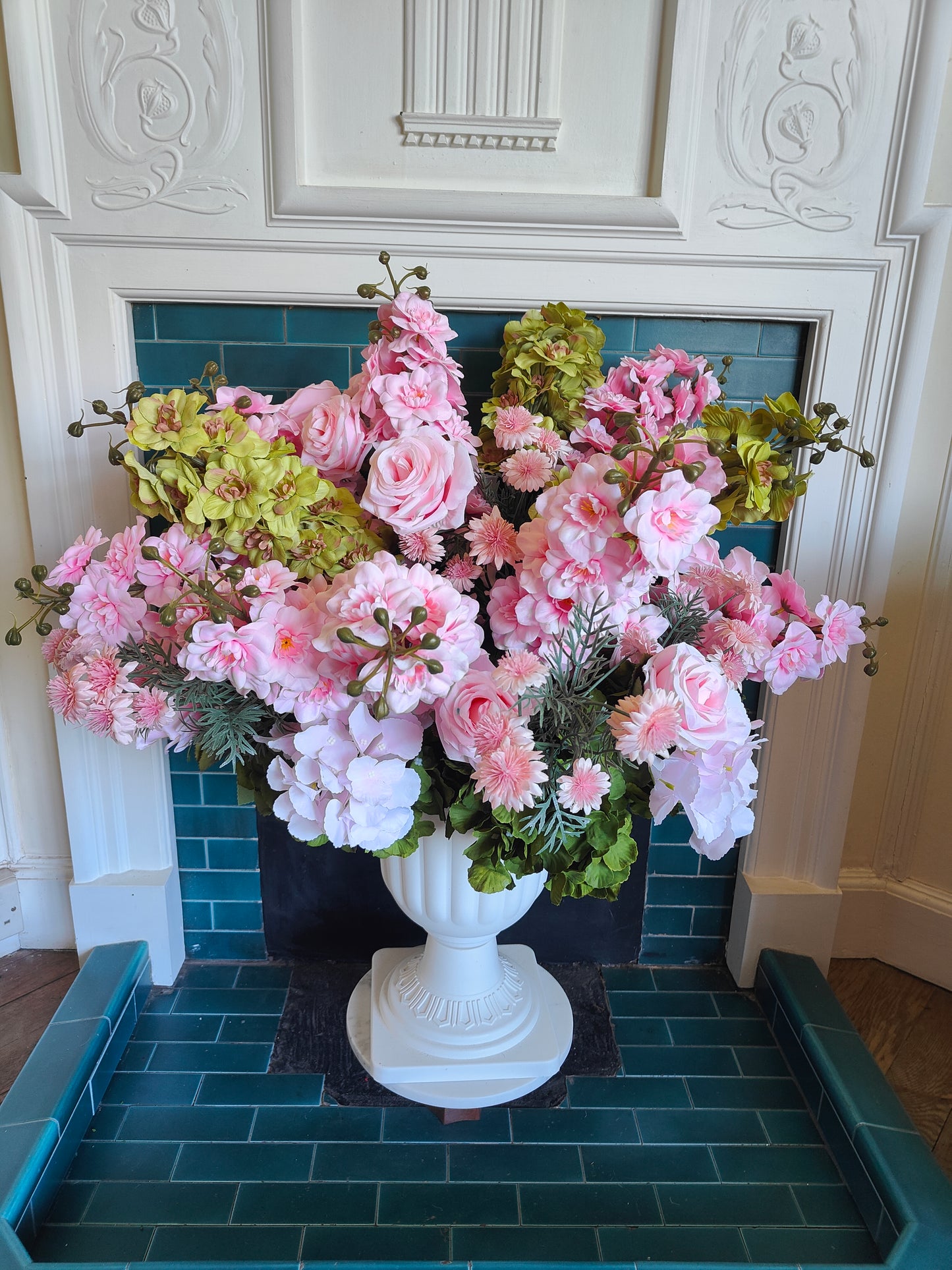 Large flower planter artificial flowers arrangement pink and green outdoor or indoor venue event florals 85cm height
