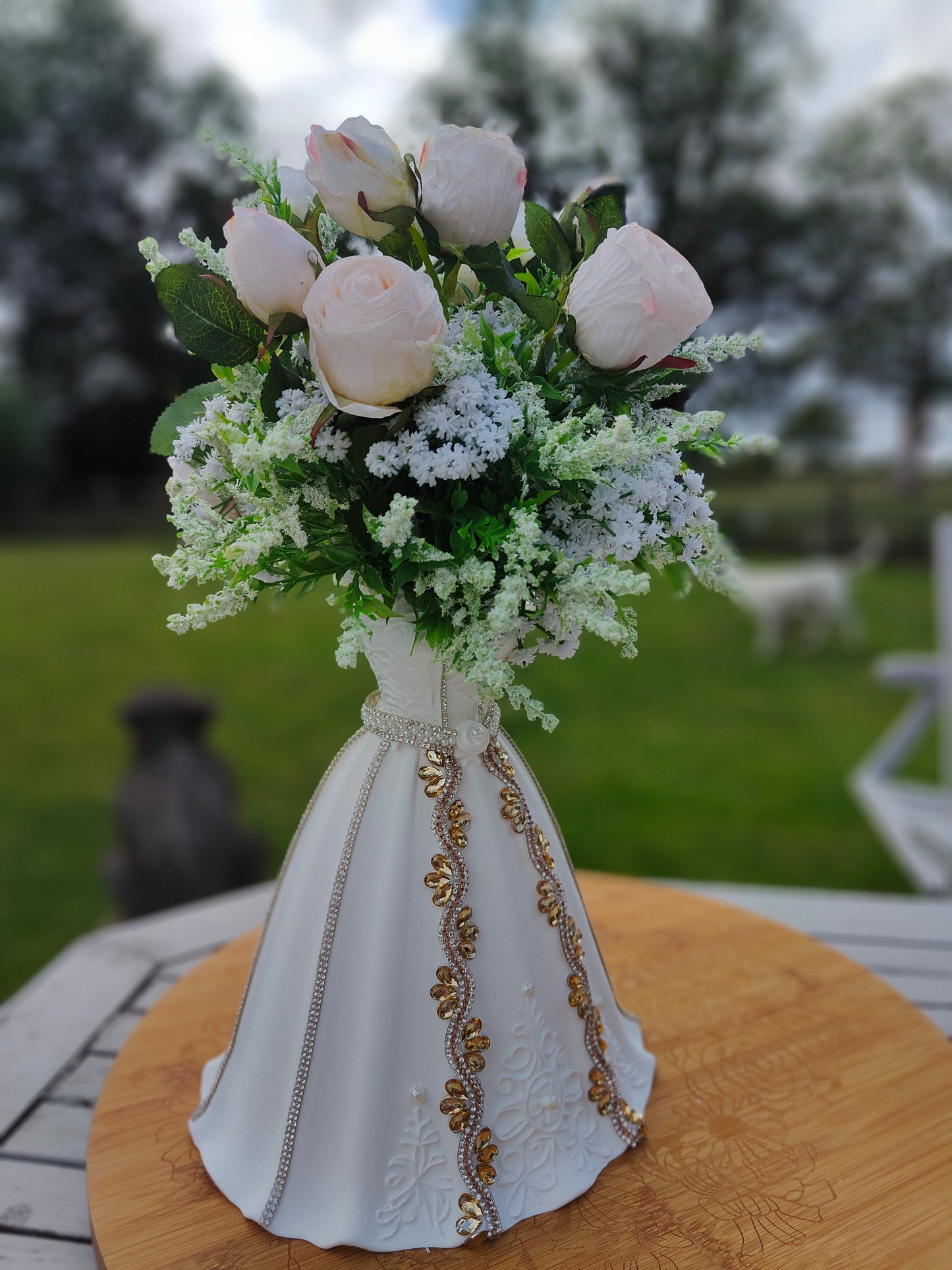 Wedding dress vase tablecentre hen party wedding table flowers, princess party