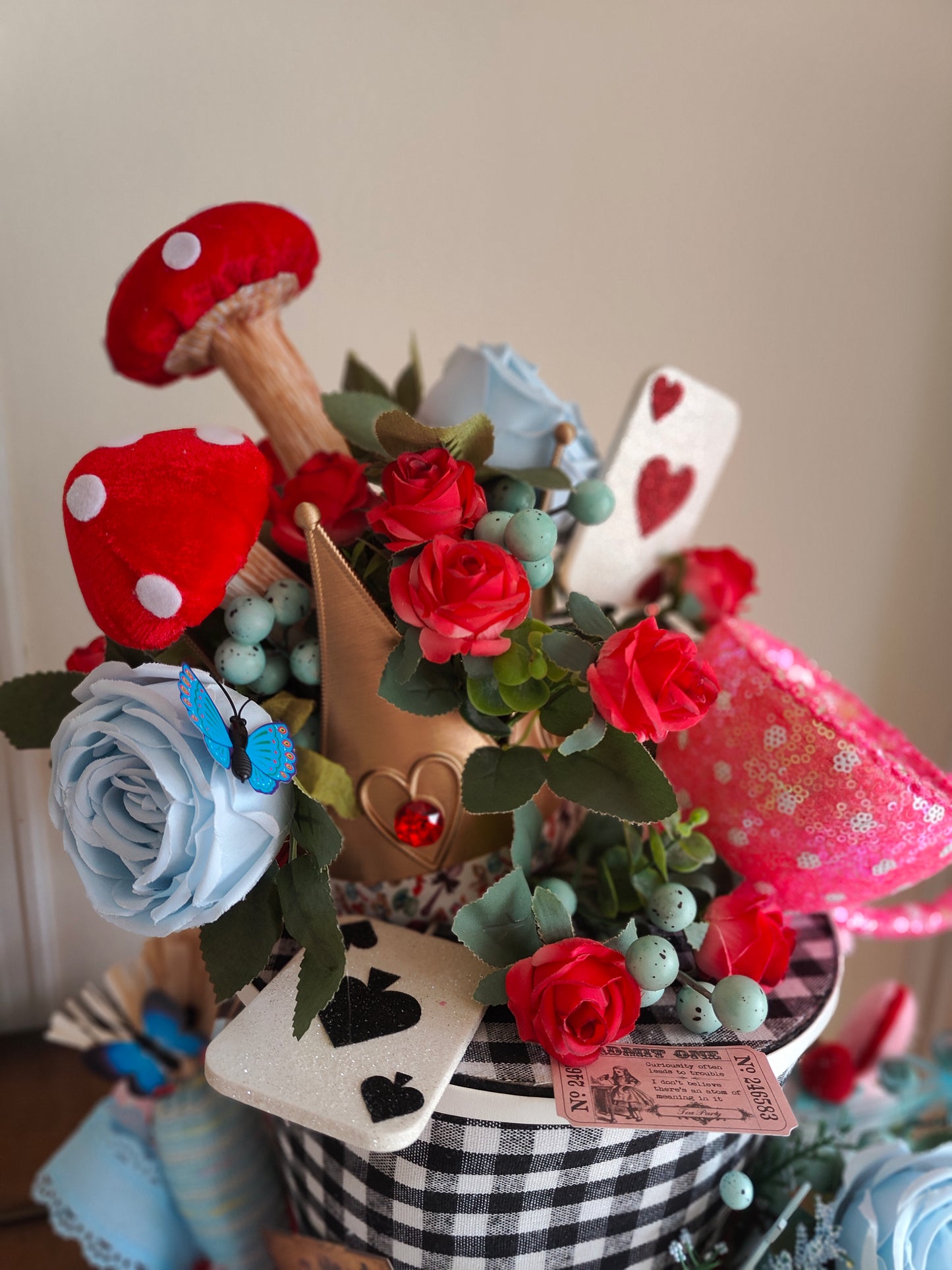 Alice in Wonderland centrepiece ornament party decoration theme top hat blue and red Mad Hatter wedding decor