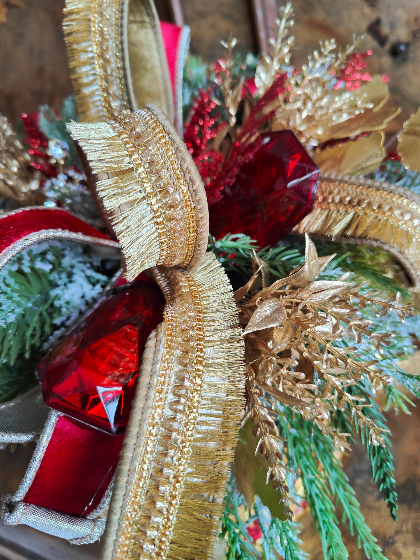 Christmas drum decoration red and gold regal centrepiece Farrisilk ribbons gems