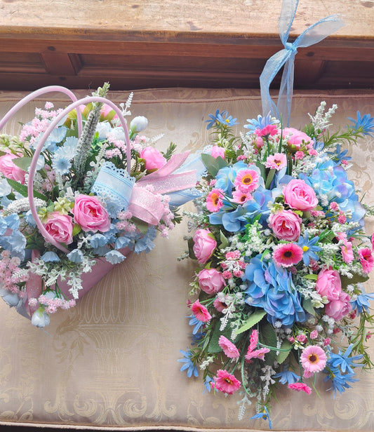 Pink and blue wreath and handbag flower arrangement Mother's Day gift Bridgerton vibes pair set