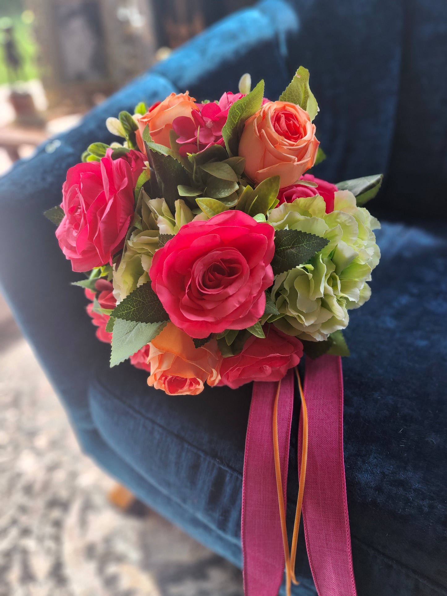 Wedding bride bouquet hand-tied artificial flowers dark pink cerise, orange, pale light green