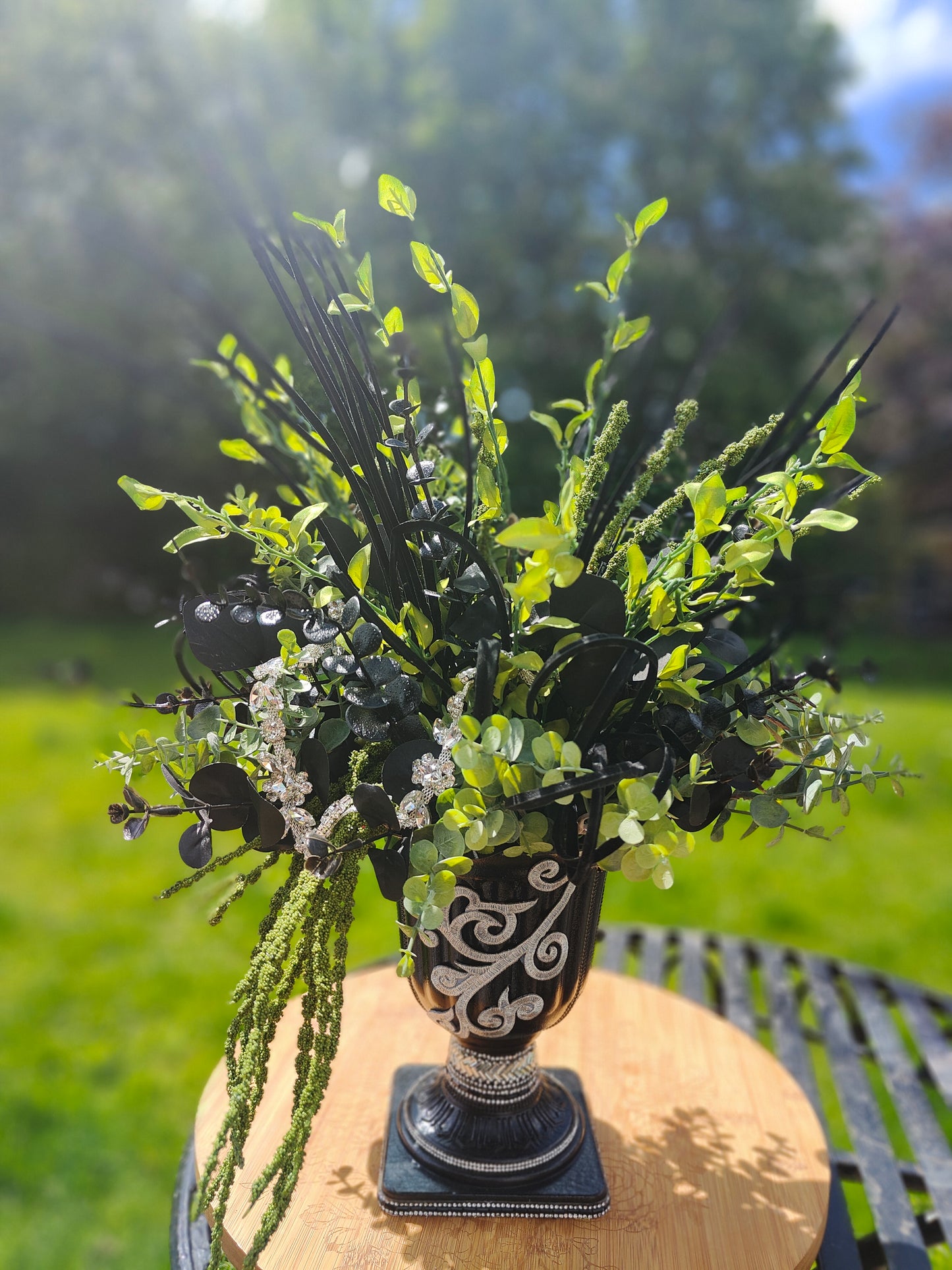 Black, green, diamante flower arrangement bling centrepiece tablecentre Halloween