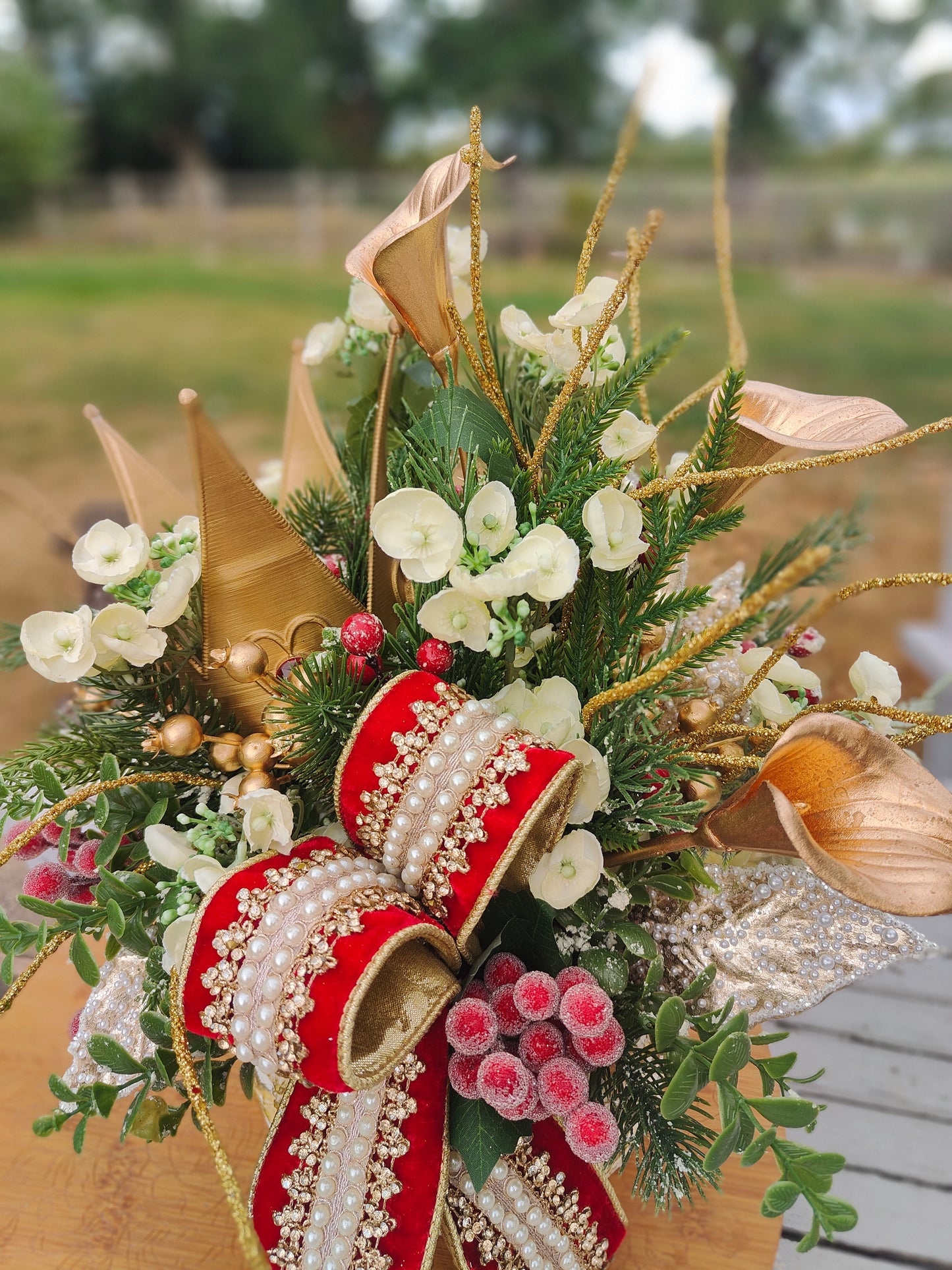 Christmas tablecentre luxury ivory red gold arrangement centrepiece