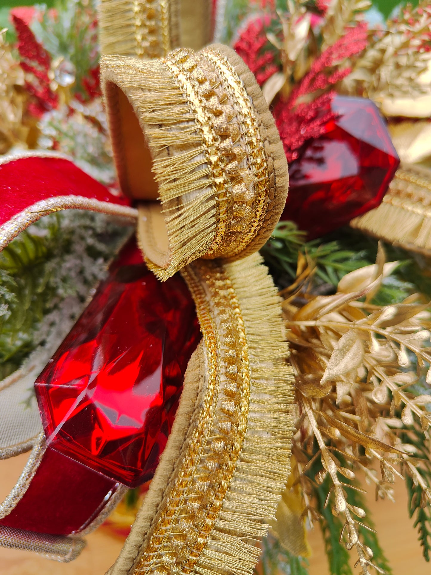 Christmas drum decoration red and gold regal centrepiece Farrisilk ribbons gems