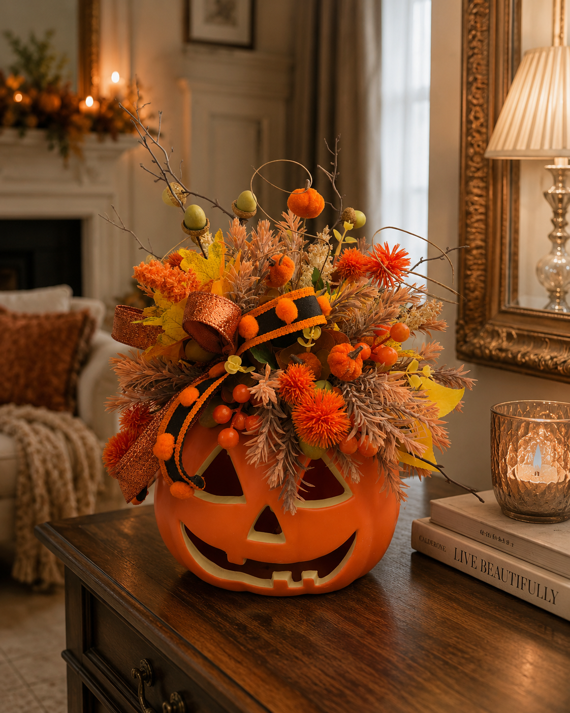 Autumn Pumpkin centrepiece tablecentre flower arrangement Halloween decor