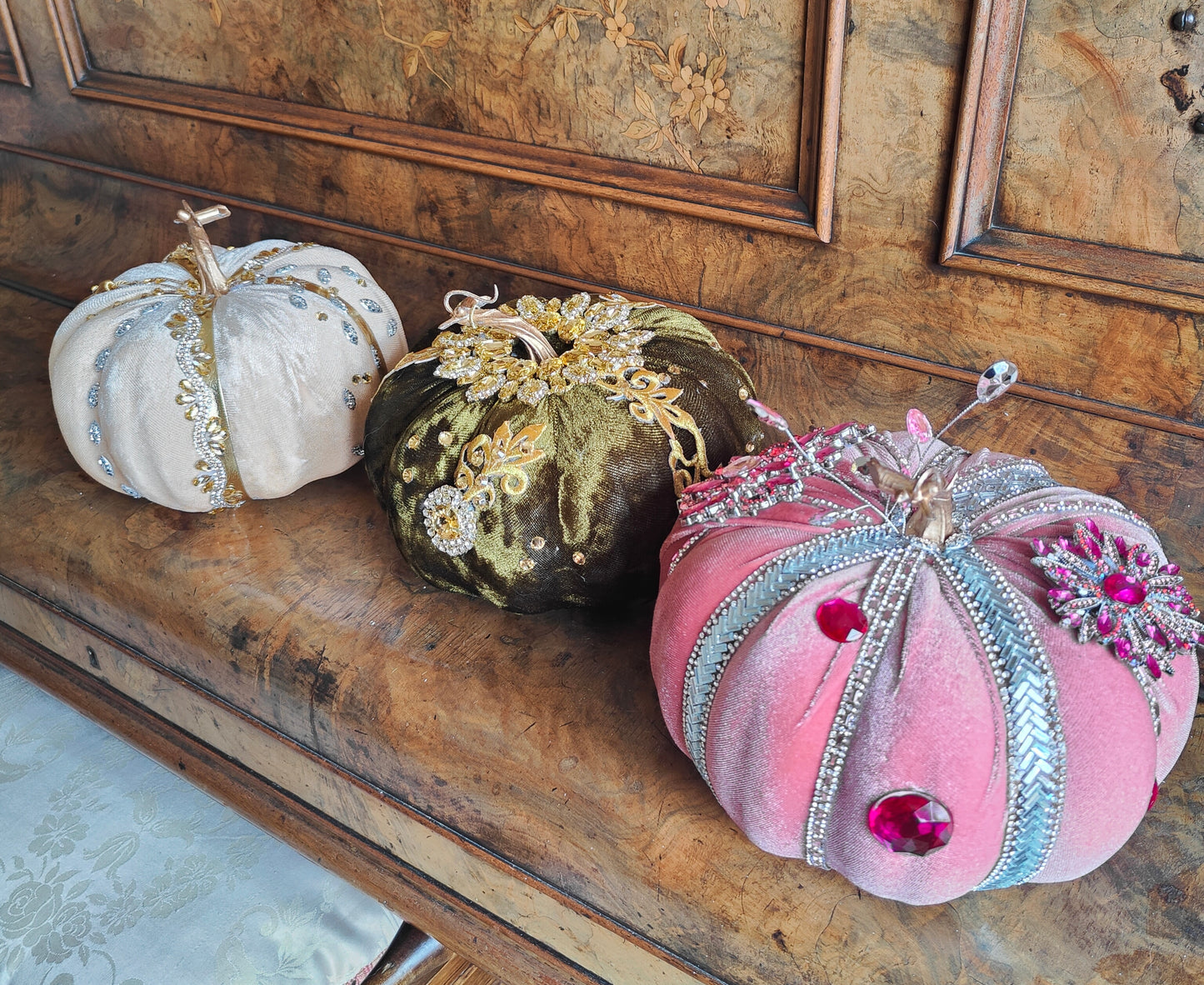 Pink pumpkin embellished decorated 20cm pastel pink velvet Autumn decor pumpkin