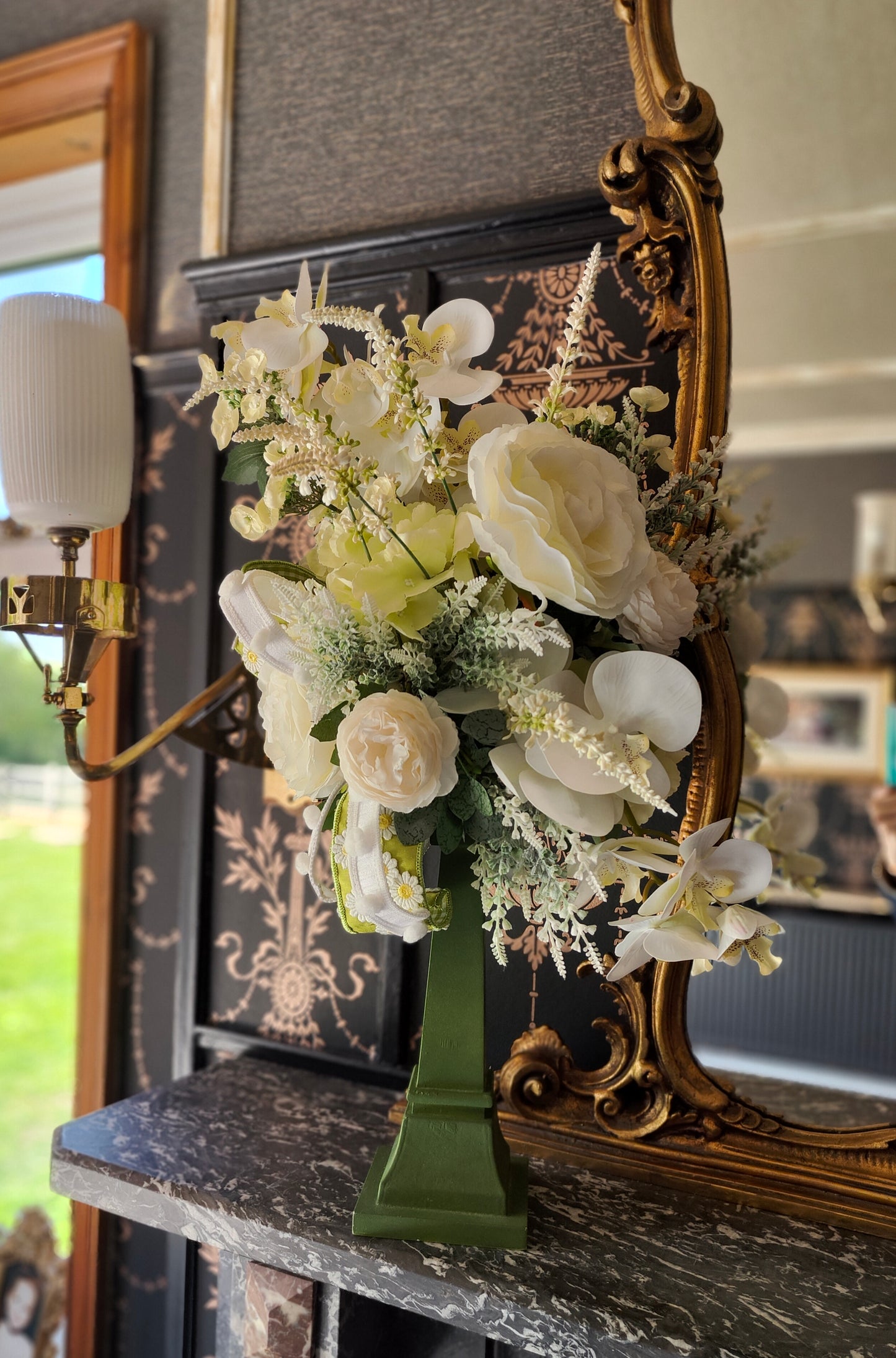 White flower arrangement candlestick tall centrepiece peonies hydrangea orchids ivory artificial flowers