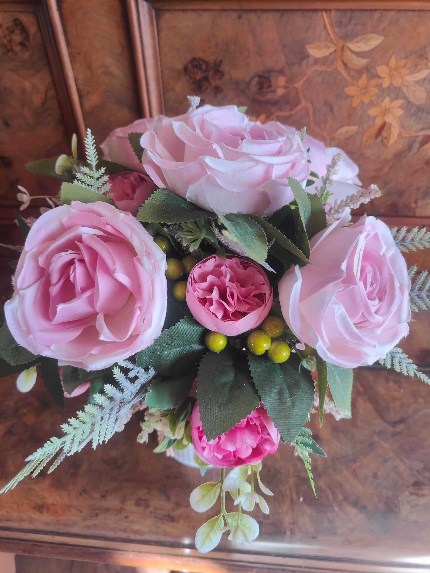 Pink flower arrangement milk churn centrepiece wedding flowers gift