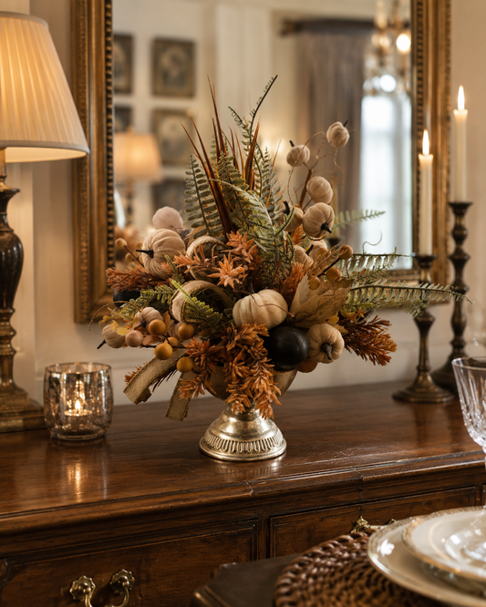Autumn centrepiece tablecentre pumpkins artificial flower arrangement brown, cream, green