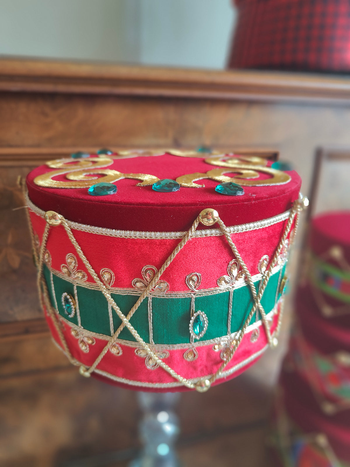 Large Christmas drum deep red burgundy tartan plaid nutcracker velvet decoration