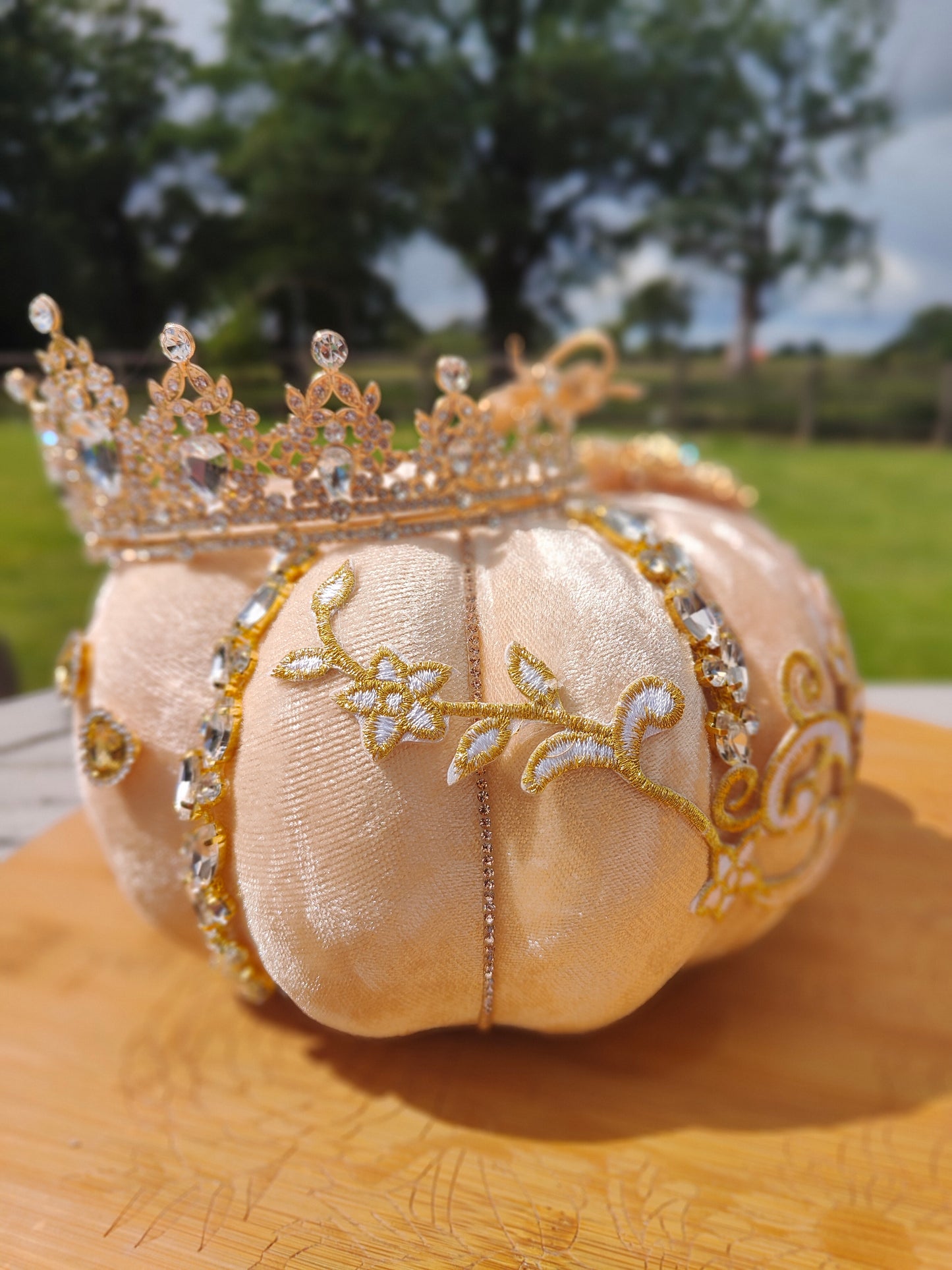 Pumpkin Cinderella cream velvet Autumn decor display centrepiece Bling tablecentre decoration embellished with jewels gems