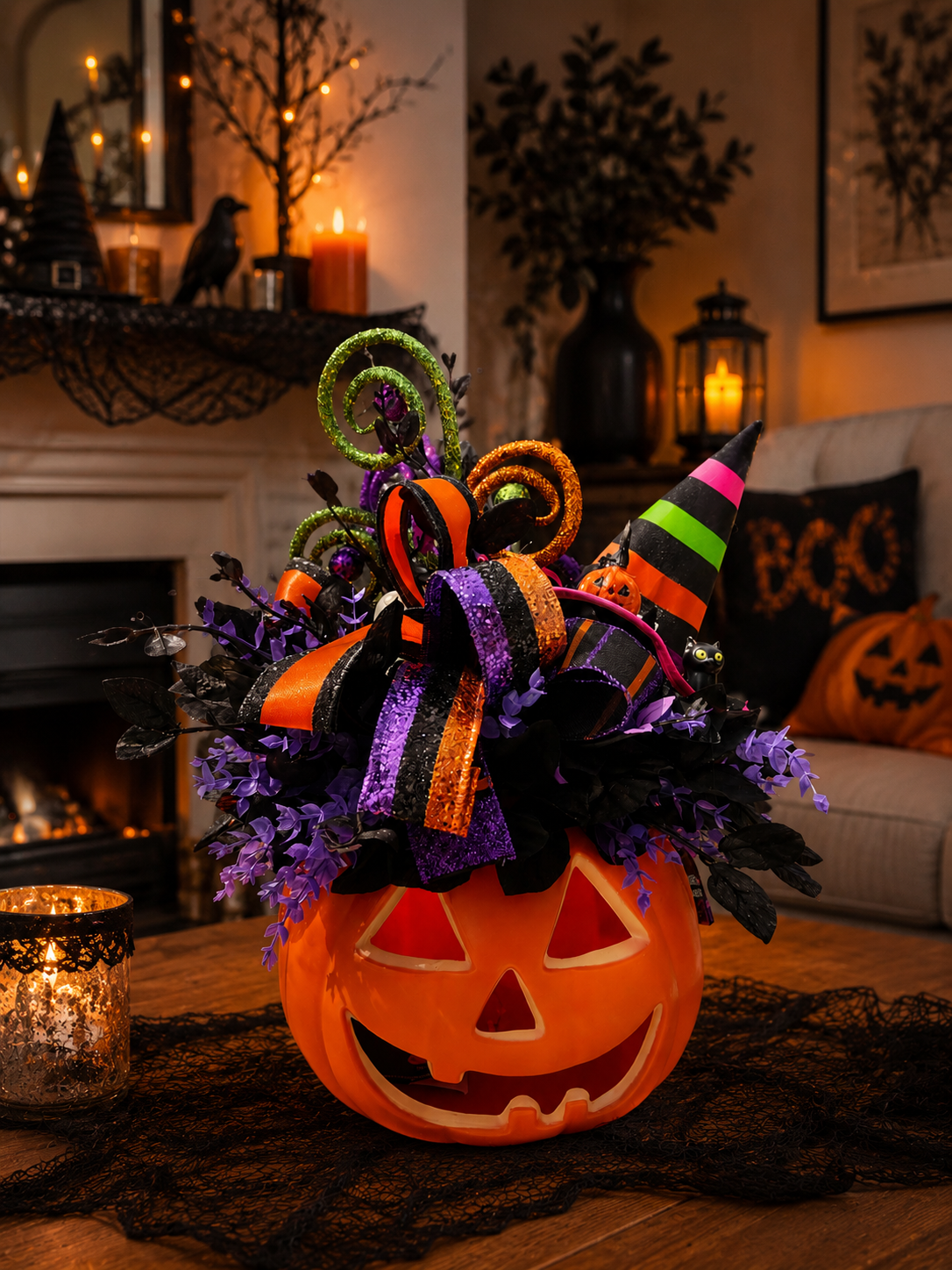 Halloween pumpkin decor centrepiece decorated pumpkin whimsical tablecentre light up