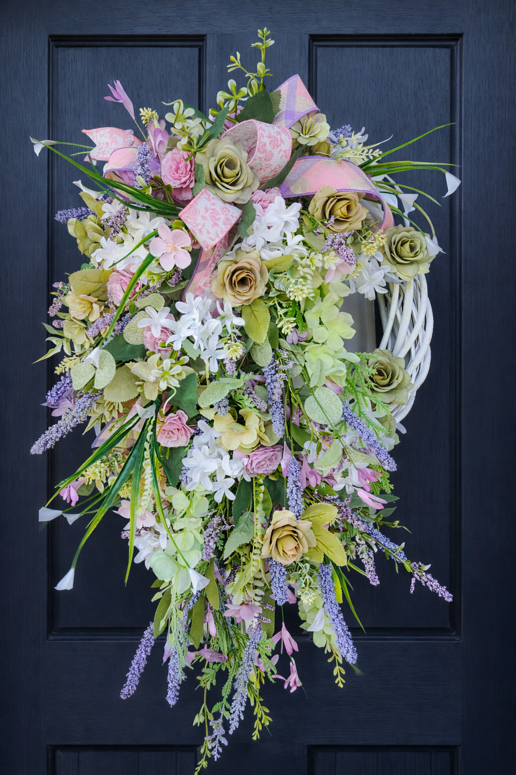 Wreath Spring Summer pinks greens lavender white all year round door wreath wall hanger