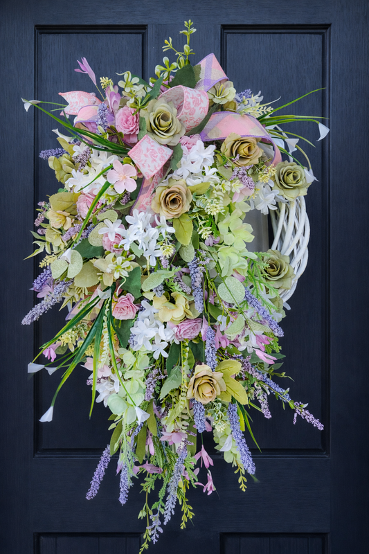 Wreath Spring Summer pinks greens lavender white all year round door wreath wall hanger