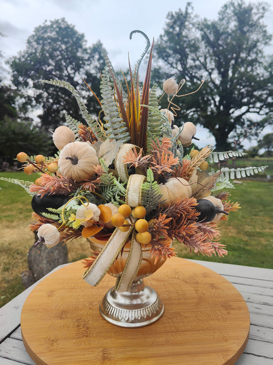 Autumn centrepiece tablecentre pumpkins artificial flower arrangement brown, cream, green