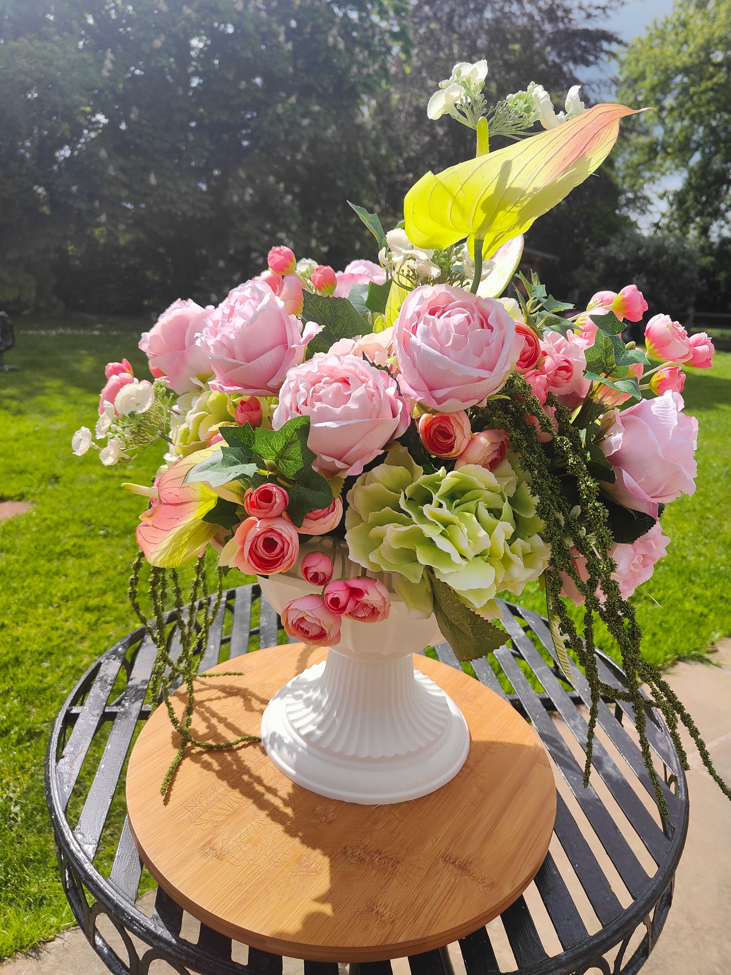 Pink and green large urn planter centrepiece tablecentre, wedding flowers, garden decor