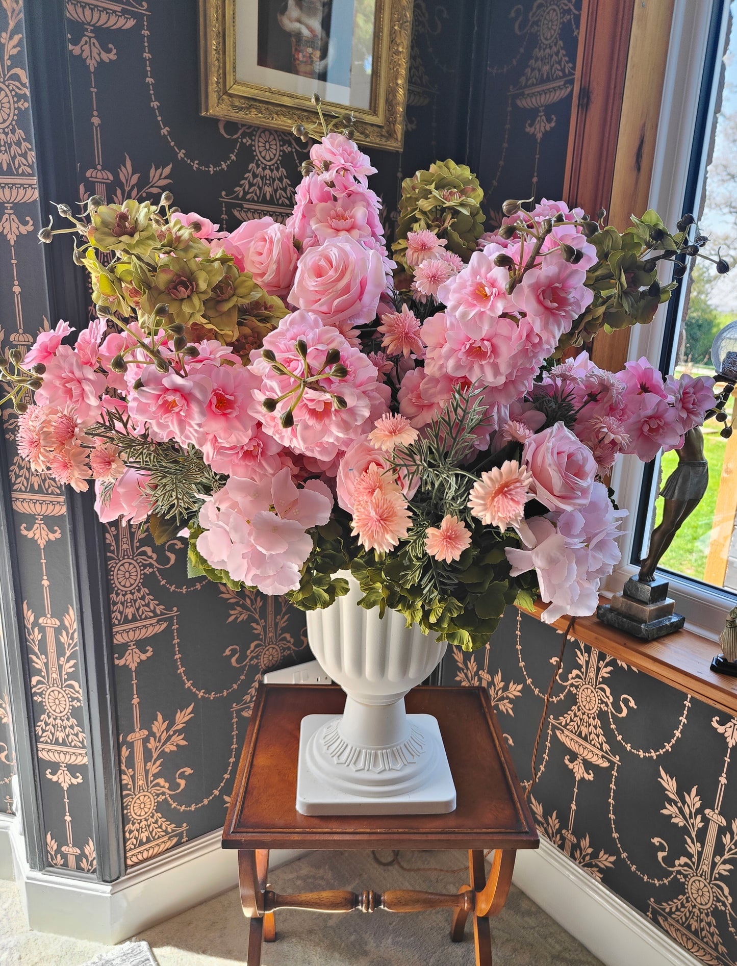 Large flower planter artificial flowers arrangement pink and green outdoor or indoor venue event florals 85cm height