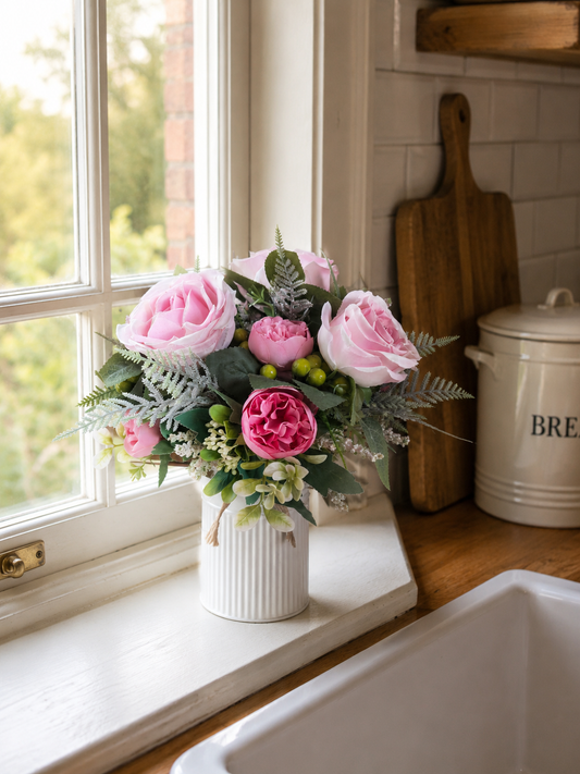 Pink flower arrangement milk churn centrepiece wedding flowers gift