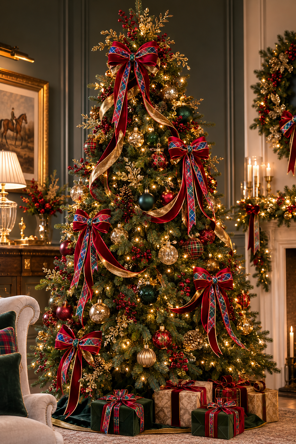 Christmas tree bows velvet designer ribbons Ralph Lauren style tartan