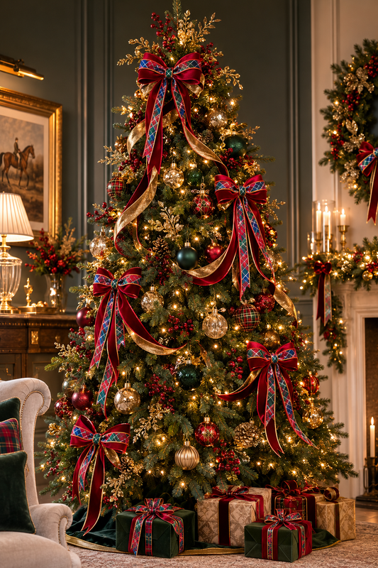 Christmas tree bows velvet designer ribbons Ralph Lauren style tartan