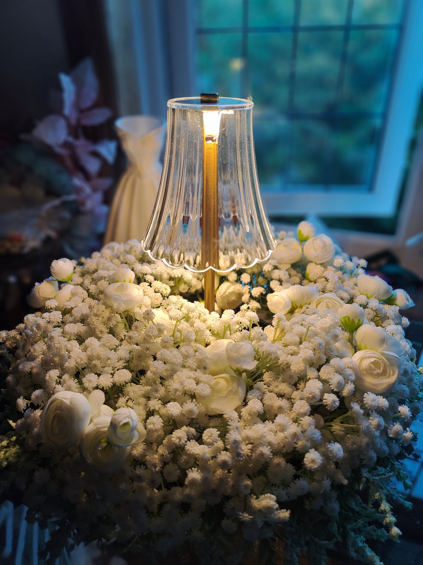 Gypsophilia tablecentre circular centrepiece wedding event flowers