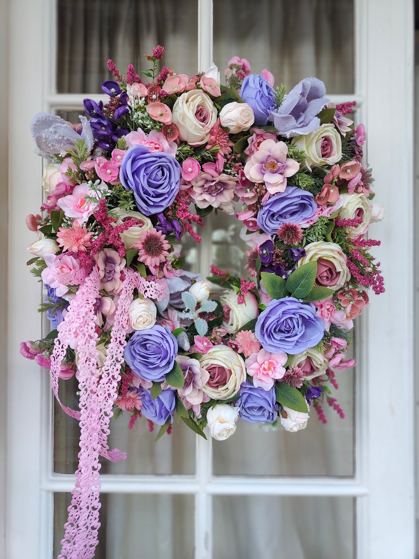 Pink lilac lavender wreath roses Bridgerton door wreath hanger large Spring Summer artificial flowers