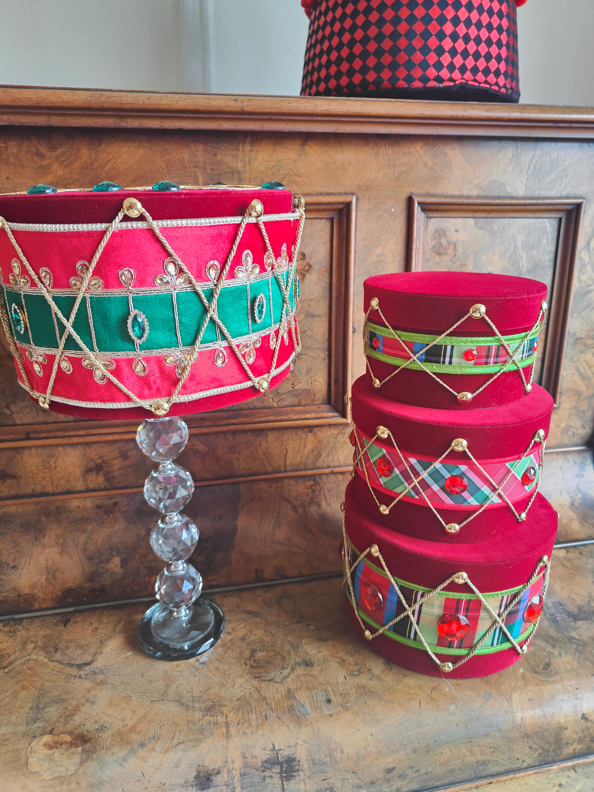 Drum set decorated Christmas drums nutcracker plaid tartan Christmas tree decorations