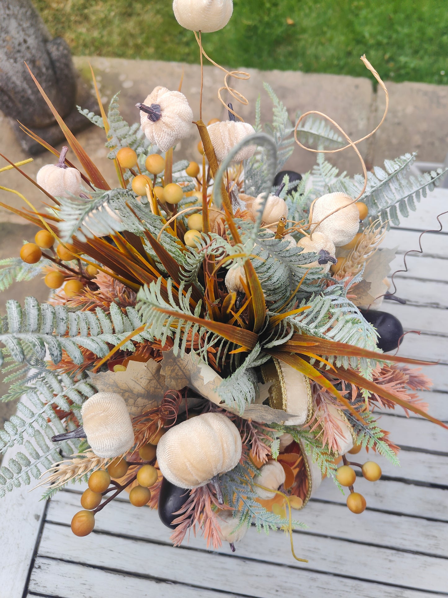 Autumn centrepiece tablecentre pumpkins artificial flower arrangement brown, cream, green