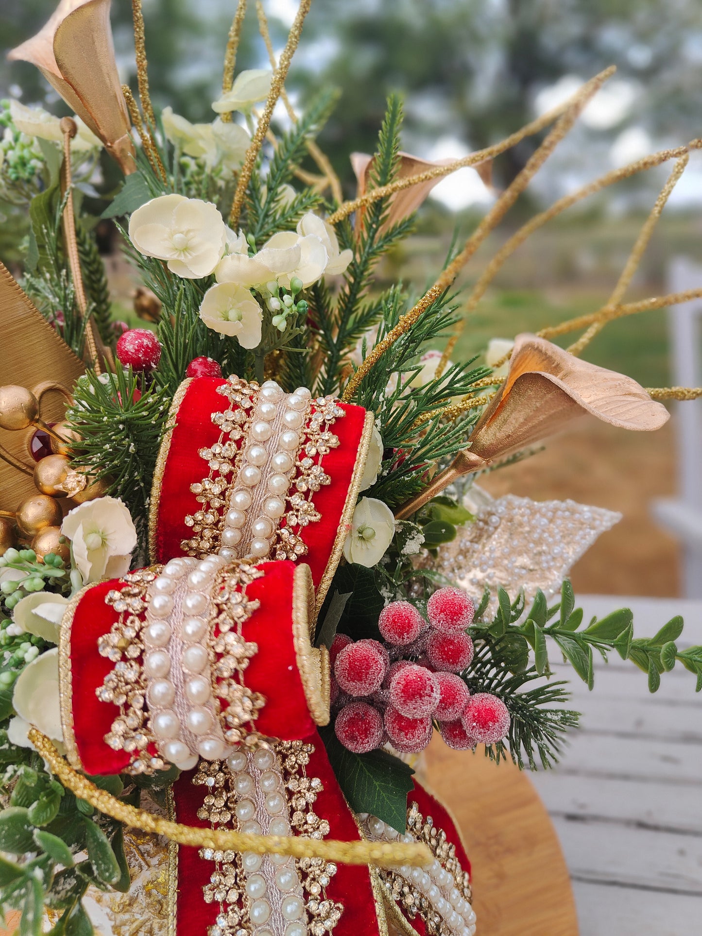 Christmas tablecentre luxury ivory red gold arrangement centrepiece