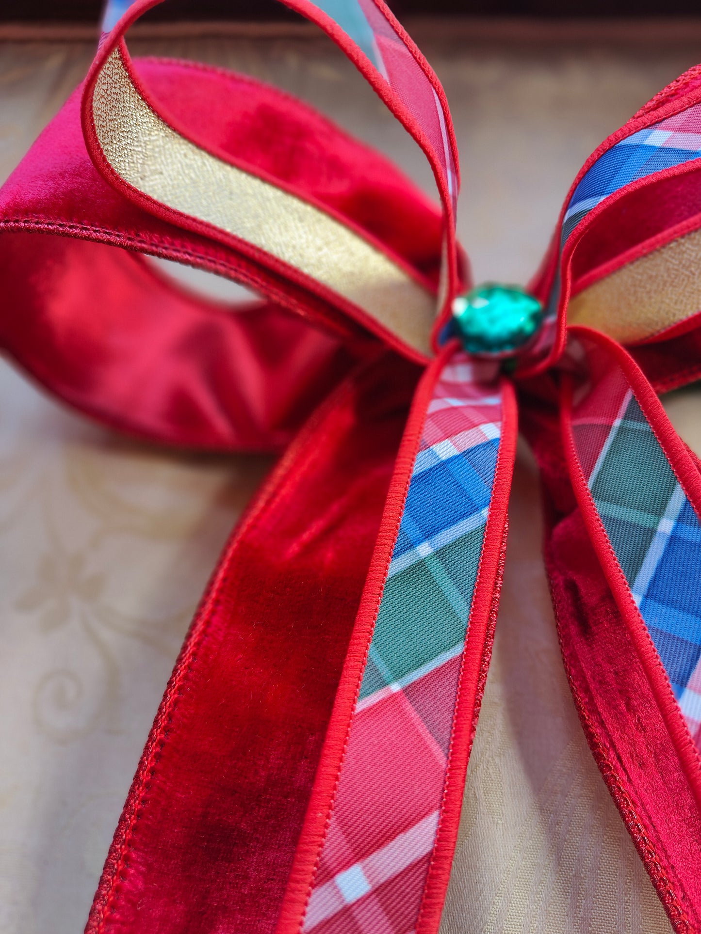 Christmas tree bows velvet designer ribbons Ralph Lauren style tartan