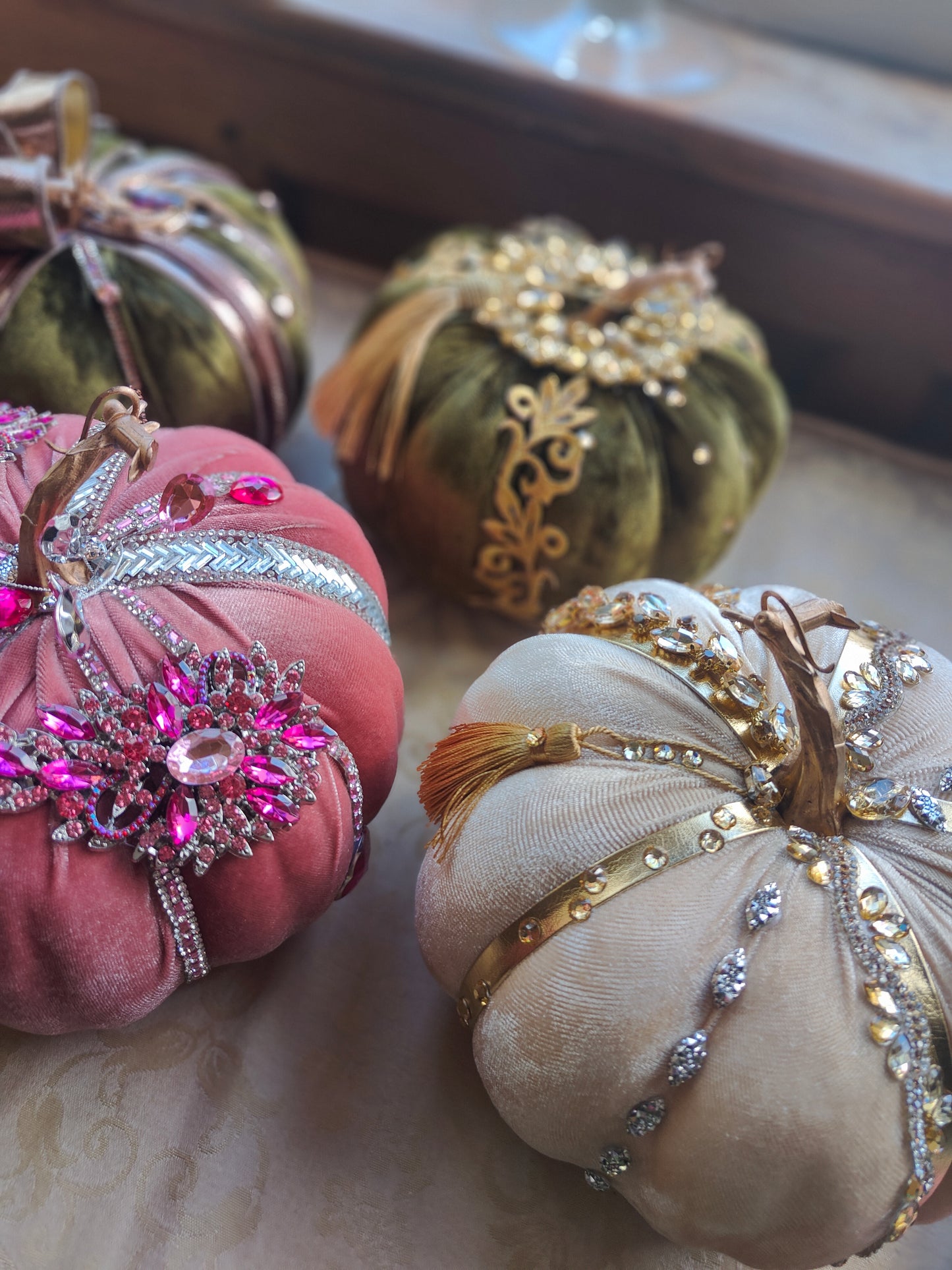 Pink pumpkin embellished decorated 20cm pastel pink velvet Autumn decor pumpkin