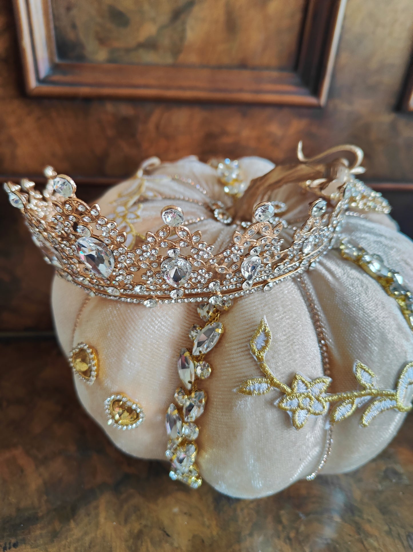 Pumpkin Cinderella cream velvet Autumn decor display centrepiece Bling tablecentre decoration embellished with jewels gems