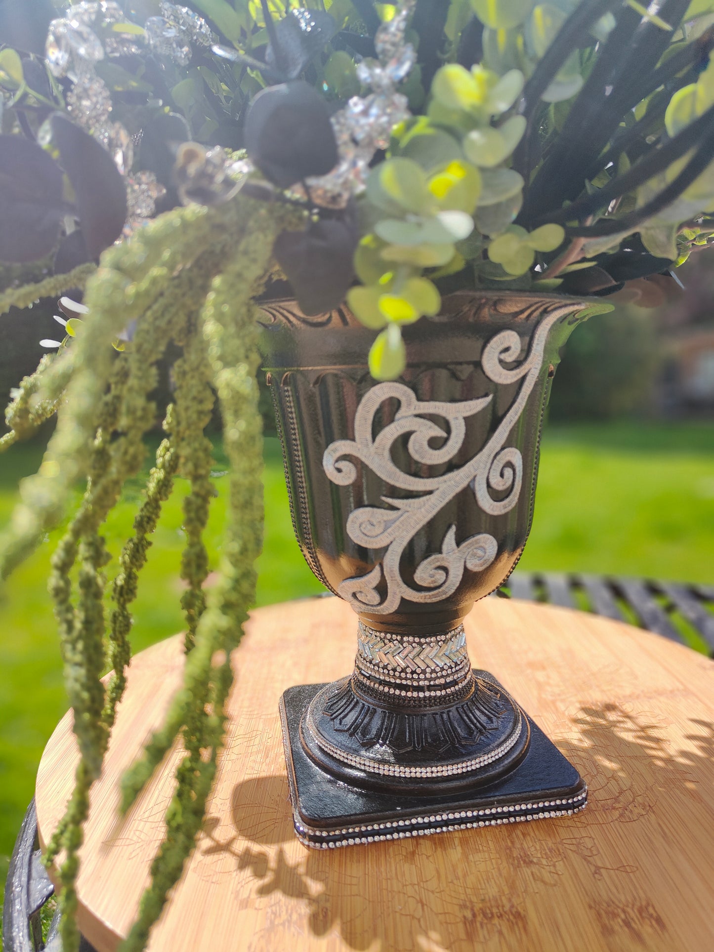 Black, green, diamante flower arrangement bling centrepiece tablecentre Halloween