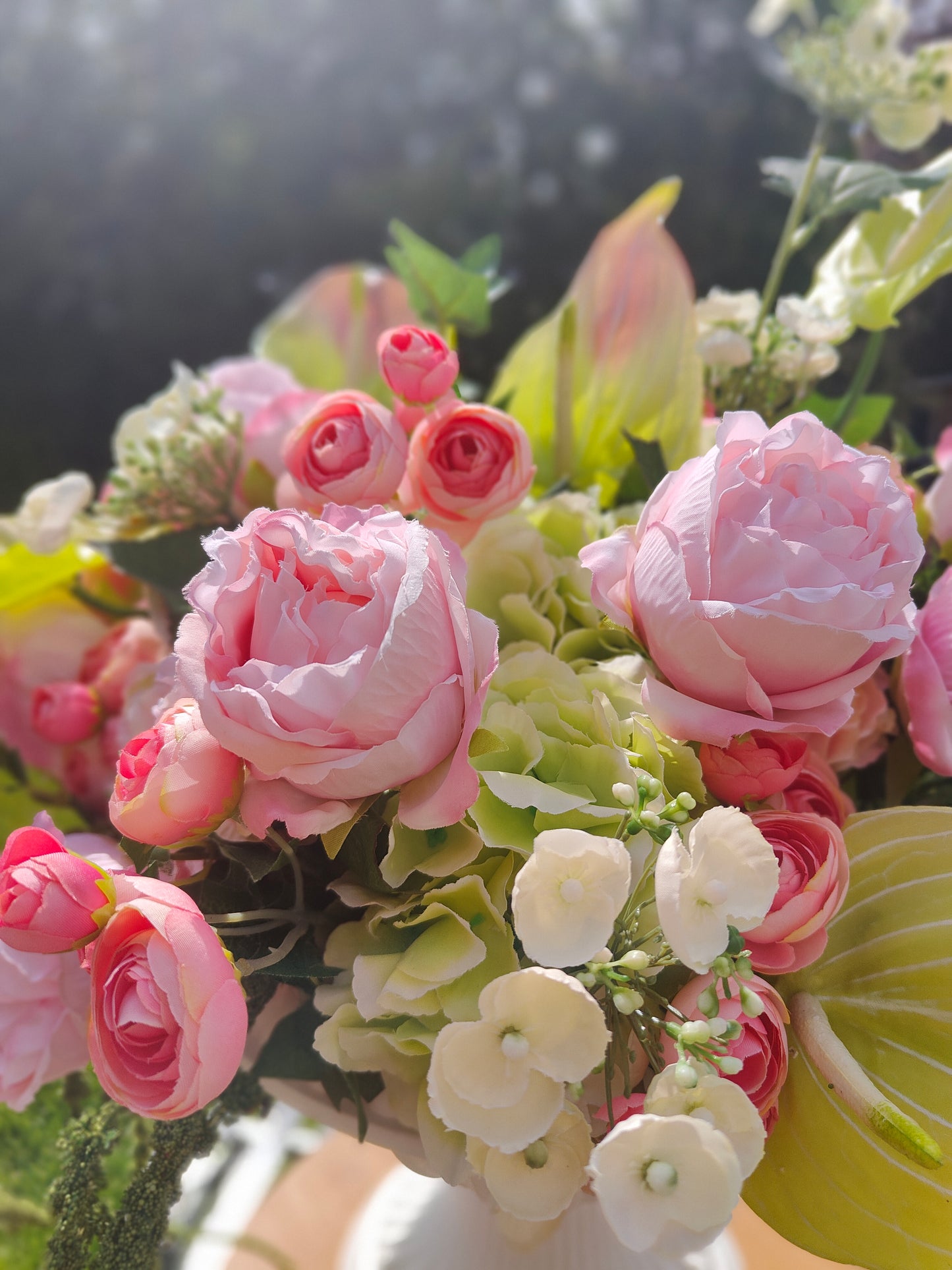 Pink and green large urn planter centrepiece tablecentre, wedding flowers, garden decor