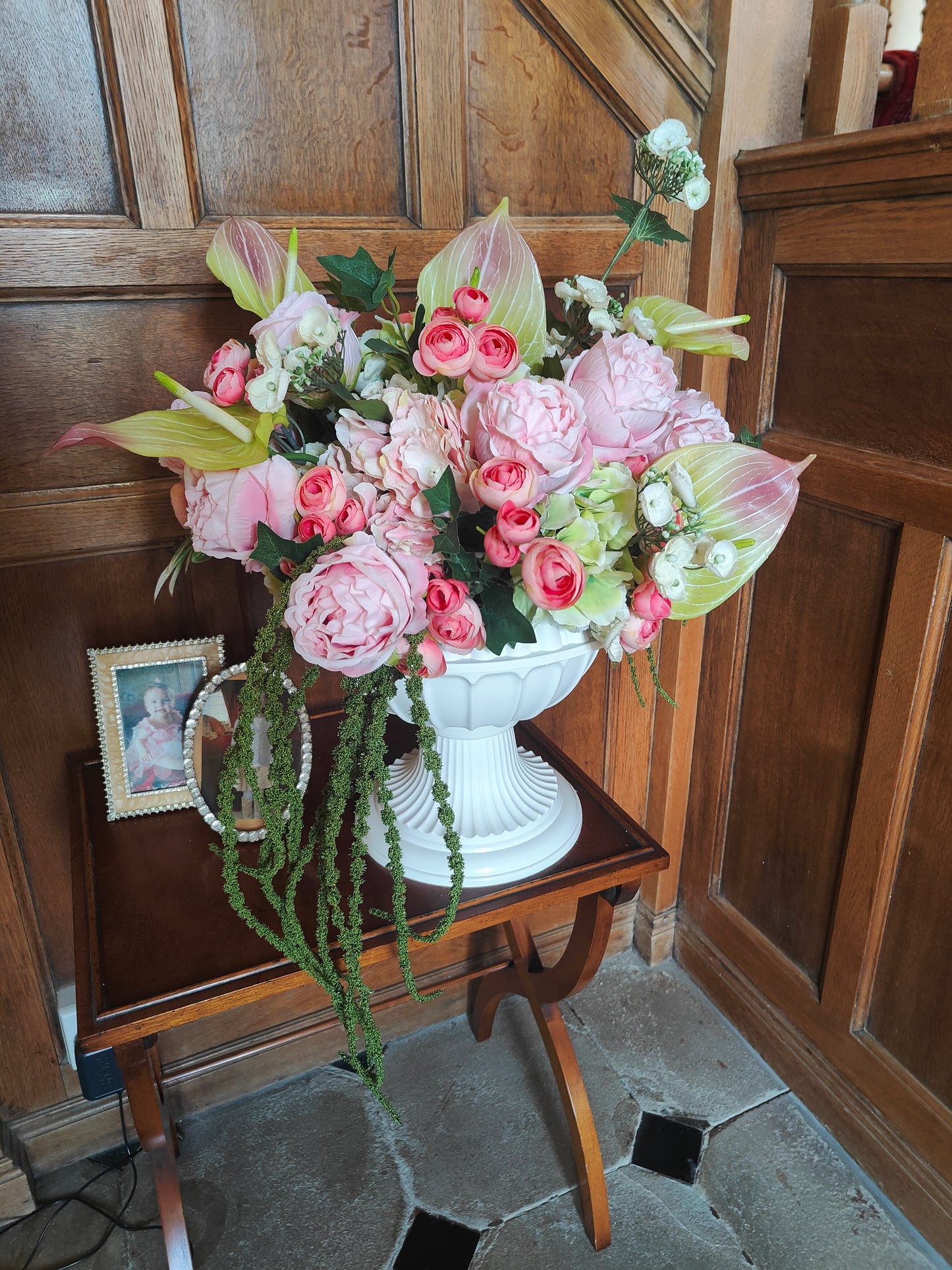 Pink and green large urn planter centrepiece tablecentre, wedding flowers, garden decor