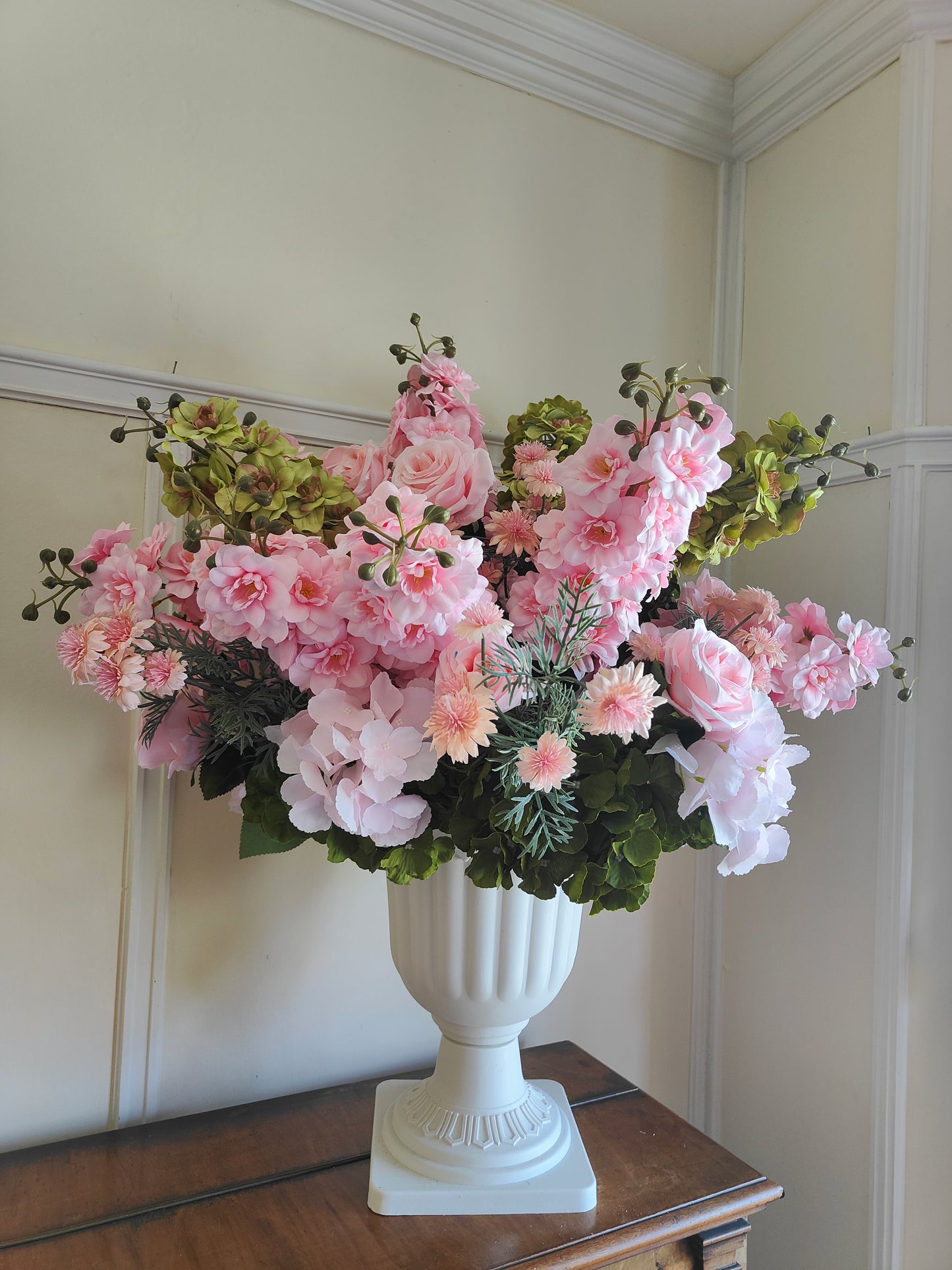 Large flower planter artificial flowers arrangement pink and green outdoor or indoor venue event florals 85cm height
