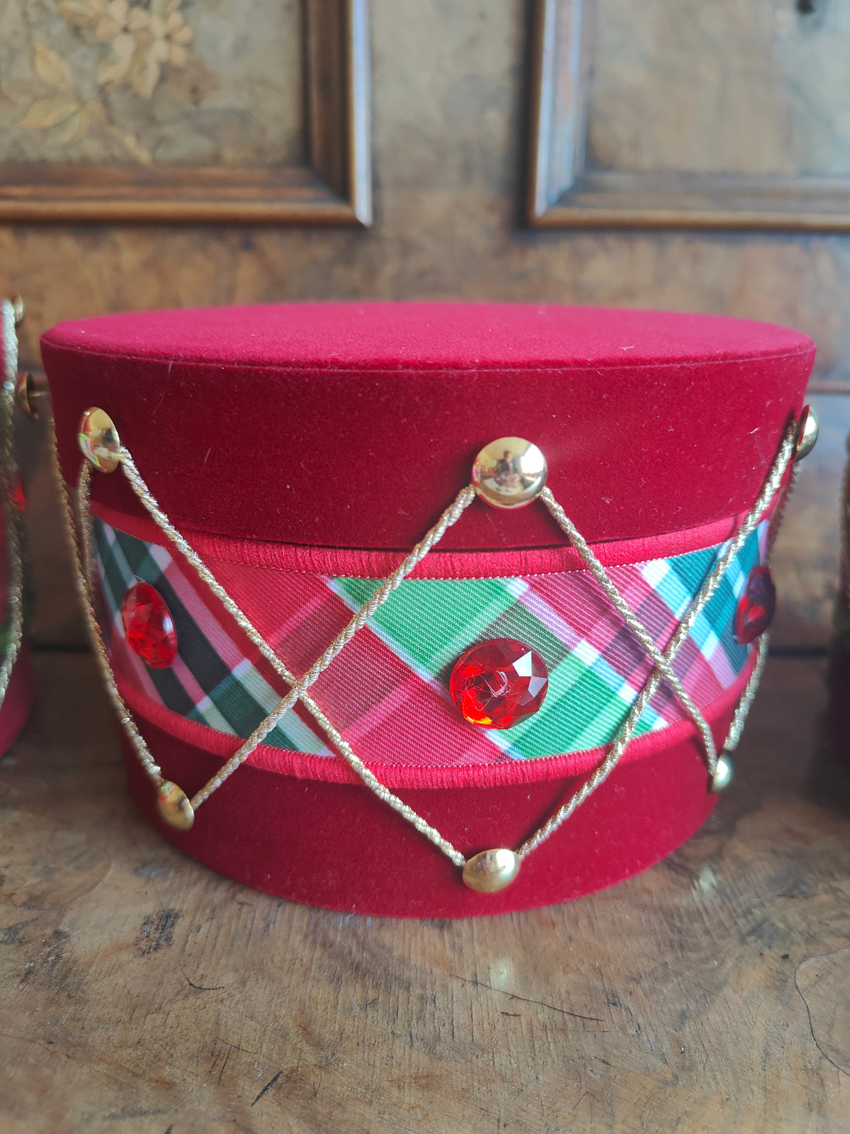 Drum set decorated Christmas drums nutcracker plaid tartan Christmas tree decorations