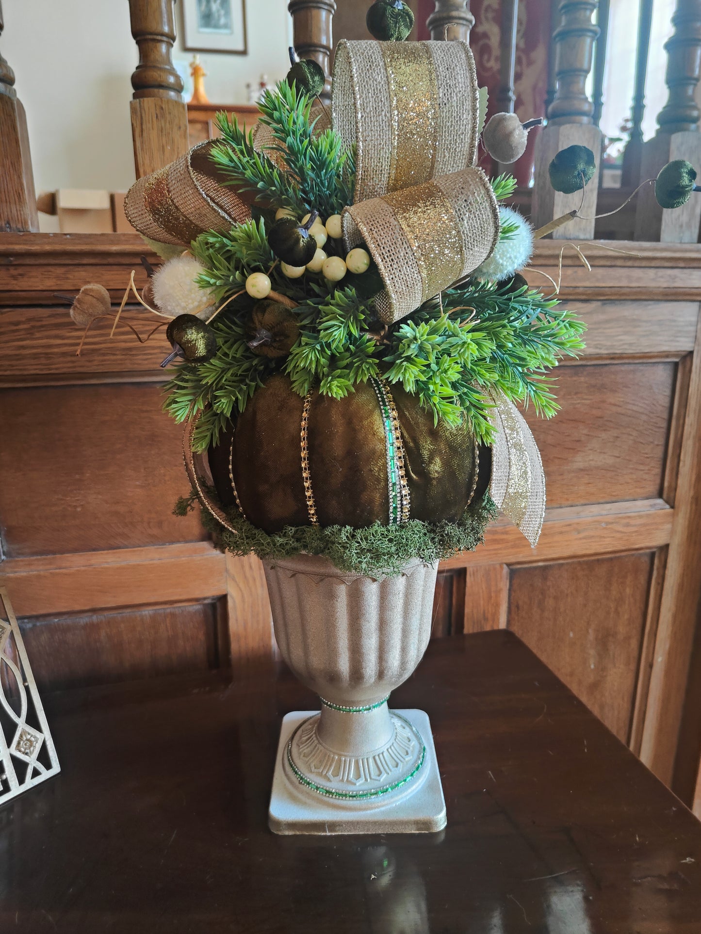 Autumn centrepiece pumpkin arrangement tall pedestal display bling pumpkin