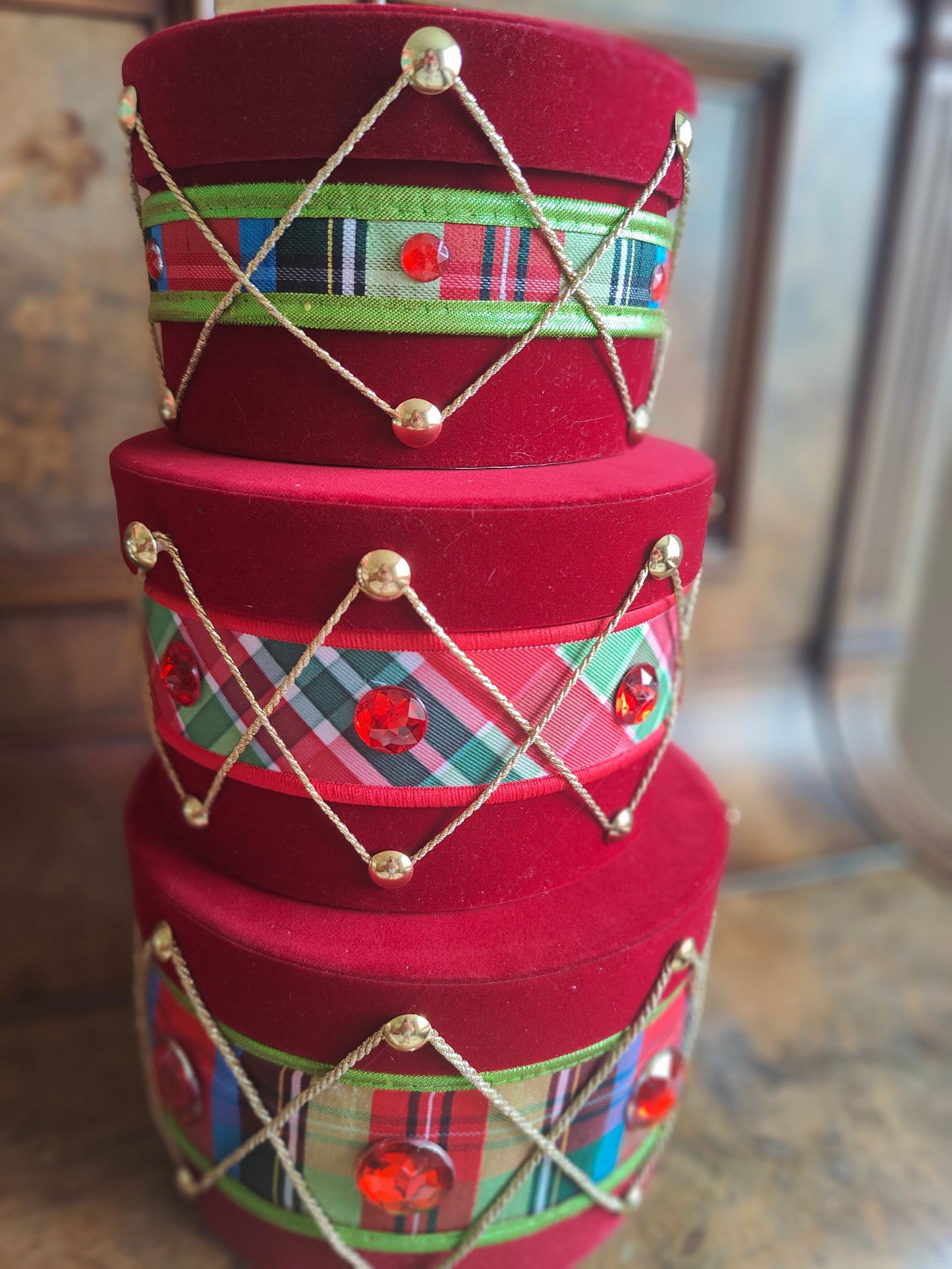 Drum set decorated Christmas drums nutcracker plaid tartan Christmas tree decorations