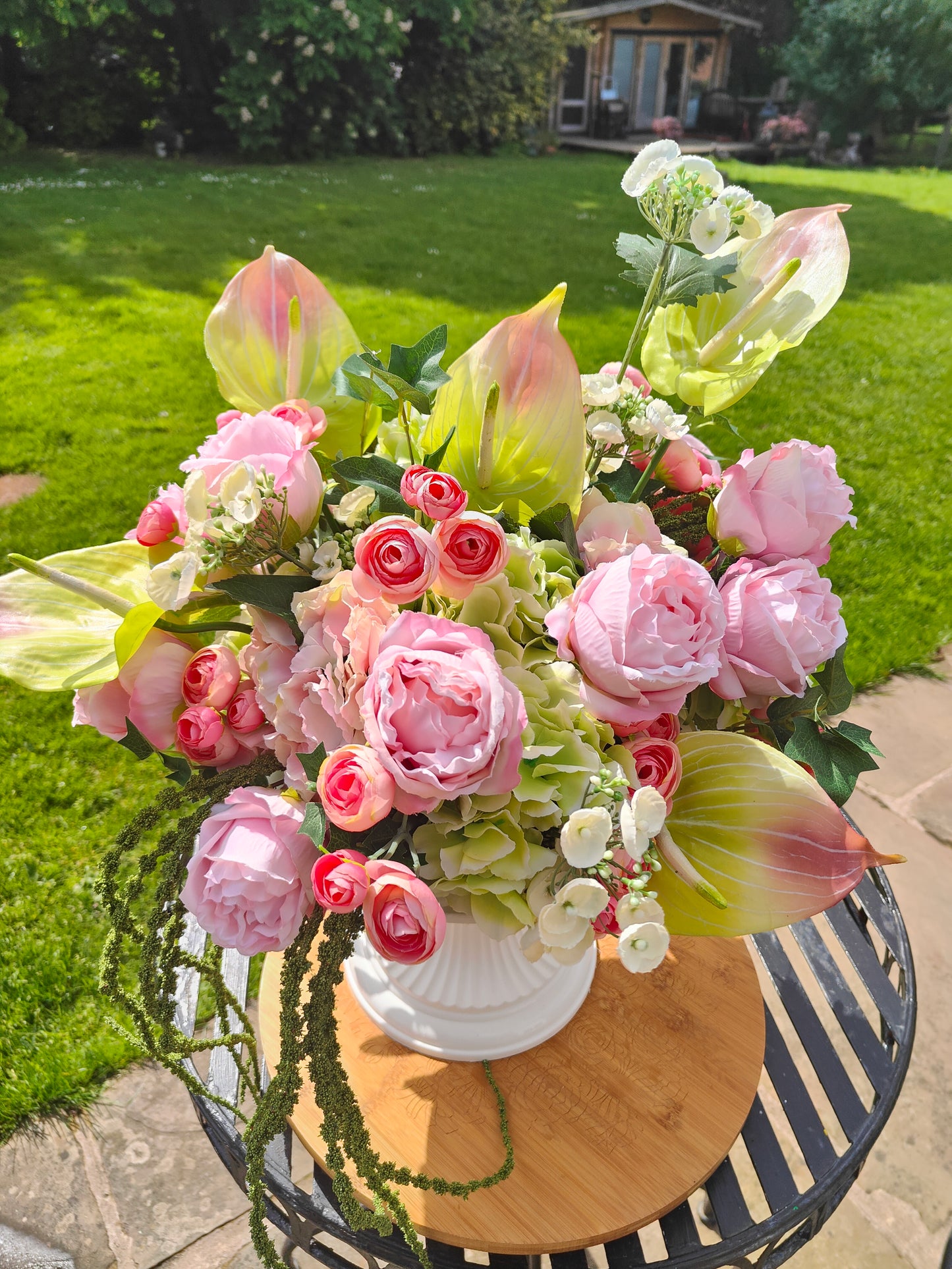 Pink and green large urn planter centrepiece tablecentre, wedding flowers, garden decor