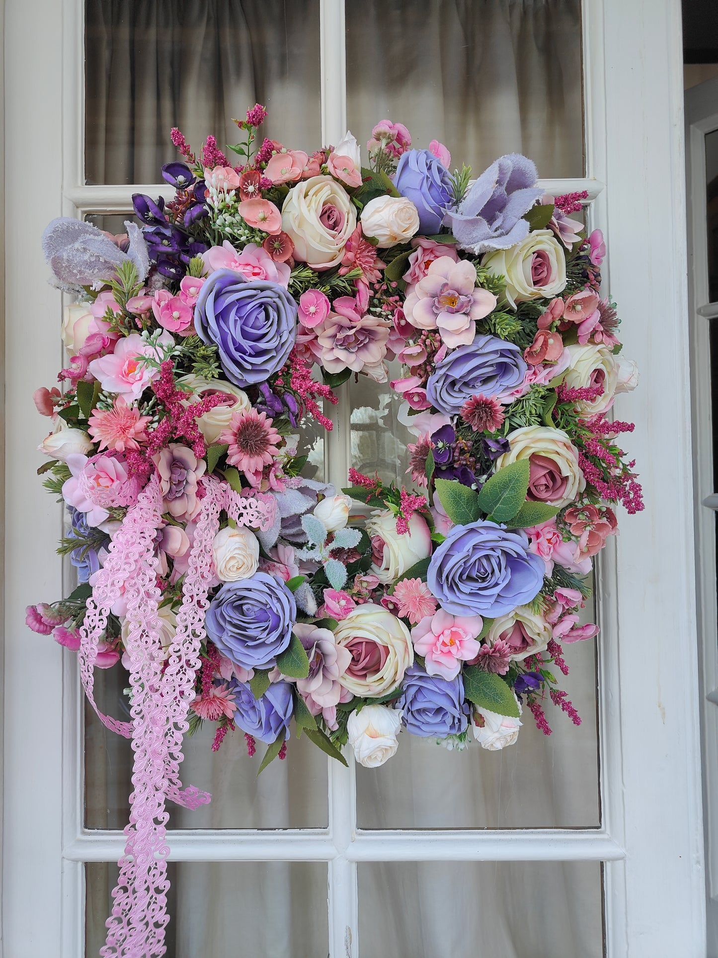Pink lilac lavender wreath roses Bridgerton door wreath hanger large Spring Summer artificial flowers