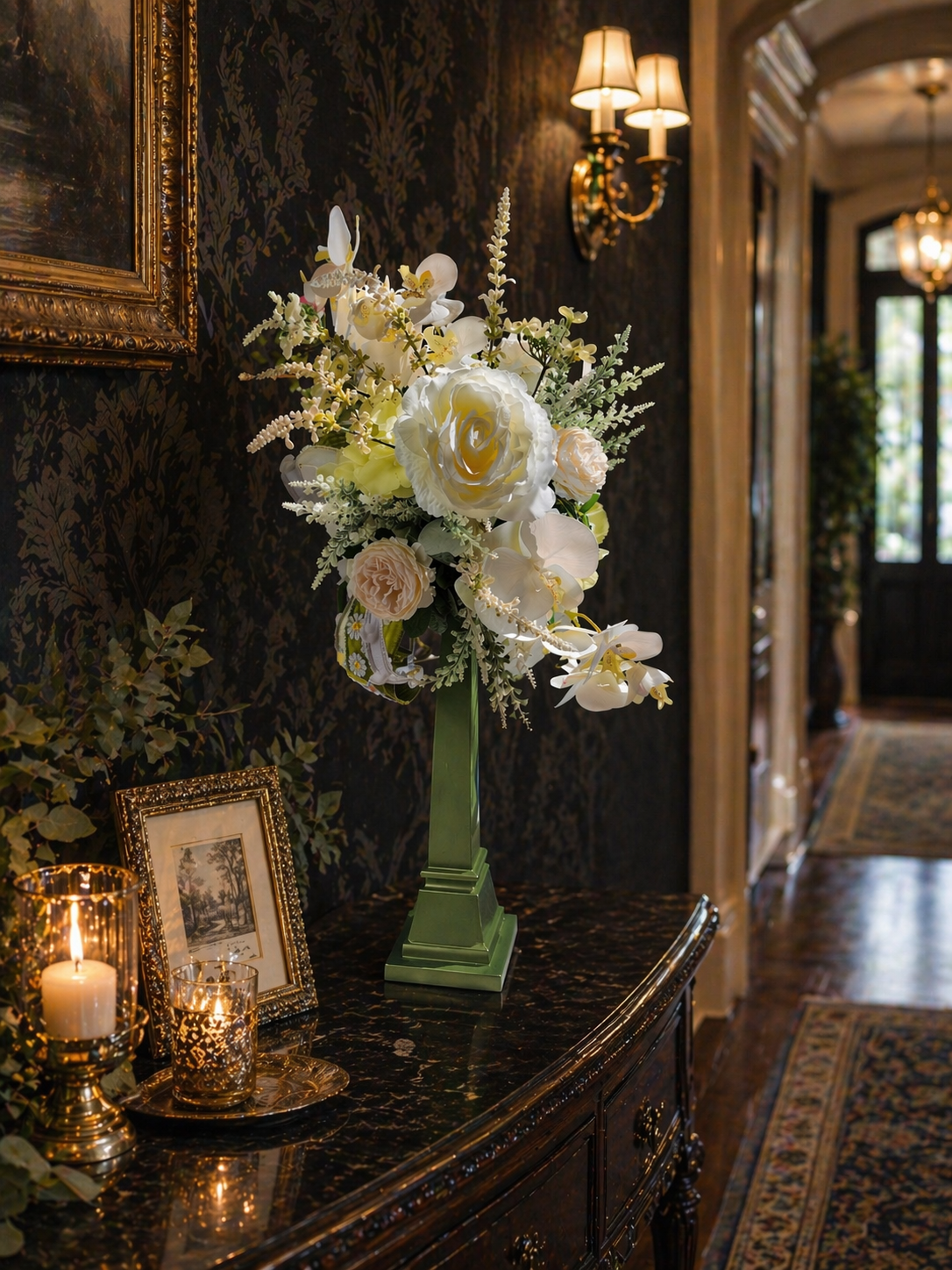 White flower arrangement candlestick tall centrepiece peonies hydrangea orchids ivory artificial flowers